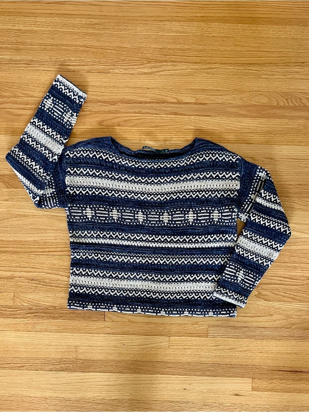 Lauren Ralph Lauren indigo and natural patterned cotton/linen sweater Large P